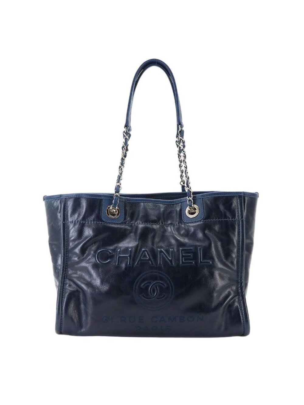 Chanel Deauville Chain Tote Leather Navy Silver